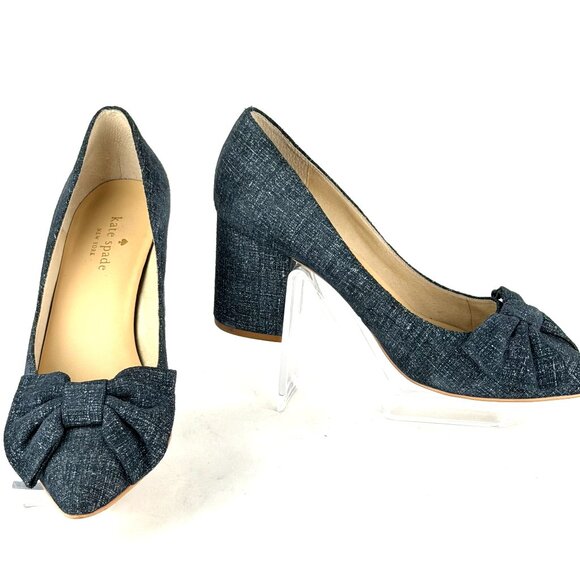 Kate Spade New York Blue Tweed Bow Block Heel Pumps - Size 8M - 2020 - Picture 2 of 10